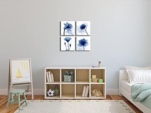 Pyradecor Blue Flickering Flower Abstract Paintings Canvas Wall Art Grace Floral Pictures on Canvas Prints 4 Panels Artwork for Living Room Bedroom Office Home Decorations