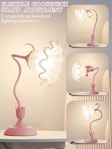 Flower Table Lamp LED Reading Light Vintage Night light (Pink Pearls)