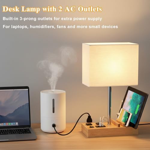 Briever USB Table Lamp, Multi-Functional Desk Lamp with 2 AC Outlets, Bedside Lamp with 3 USB Charging Ports and Wooden Phone Stands, Nightstand Lamp for Bedroom, Livingroom, Office, Natural Wood