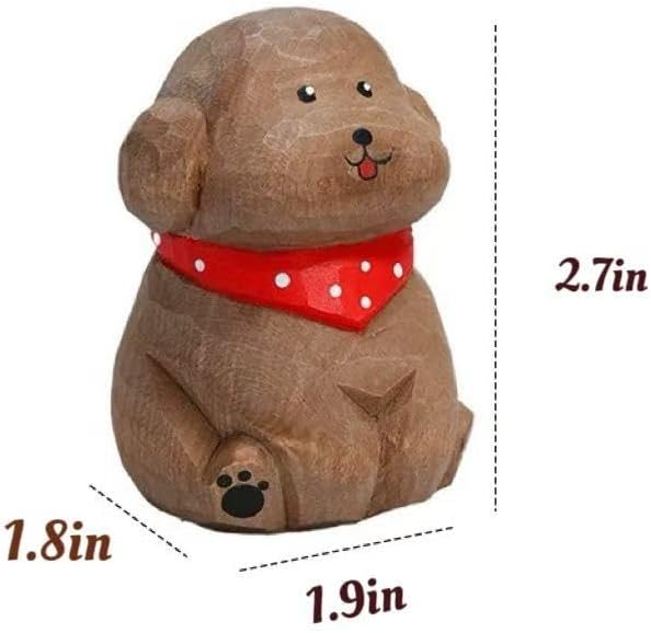 Hand-Carved Wooden Teddy Dog Figurine, 2.7" Brown Puppy Statue with Base for Car Dashboard, Desk & Home Decor, Gift for Dog Lovers