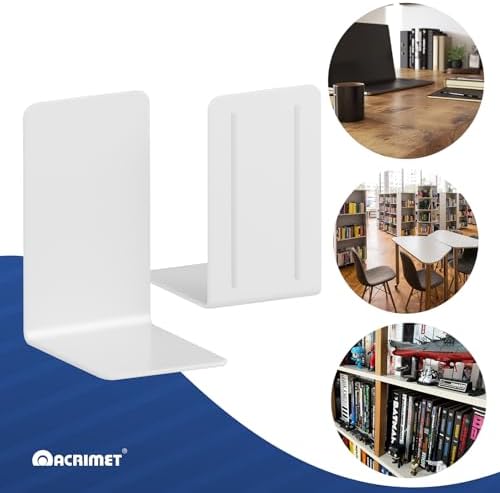 Acrimet Plastic Bookends for Bookcases, Shelves and Desktop, Plastic Book Holders (White Color) (1 Pair)
