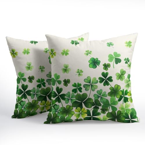 Lucky Clover Shamrocks Throw Pillow Covers St. Patrick's Day Pillowcase 16x16inch Set of 2 Green Spring Holiday Decorative Cotton-Linen Square Cushion Cases for Home Couch Bed