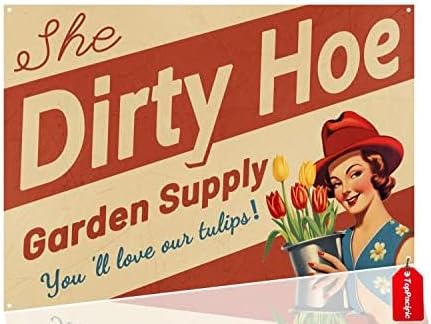 12x8 inches "The Dirty Hoe Garden Supply" Humorous Funny Inappropriate Signs, Flowers, Tulips, Colorful, Vintage Metal Garden Art Tin Sign（85）