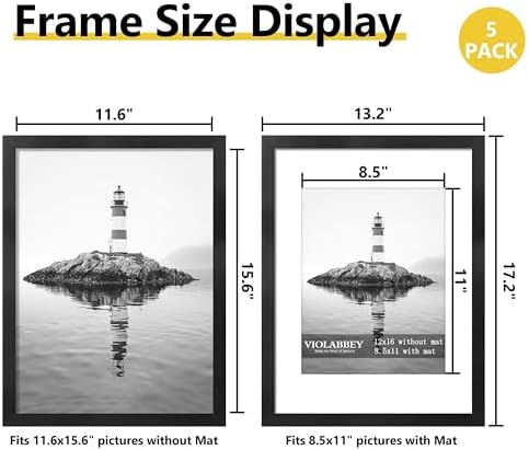 VIOLABBEY 12x16 Picture Frame Set of 5, Fit 8.5x11 Photos with Mat, Black