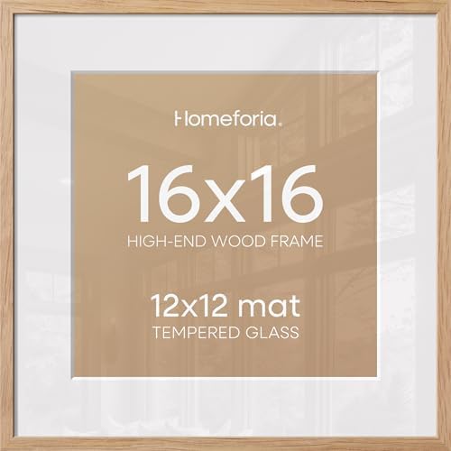 Homeforia 16x16 Natural Oak Picture Frame, High-End Wood, 12x12 Mat, Glass