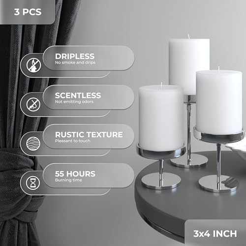 CANDWAX 3x4 inch Pillar Candles Set of 3 – Unscented Dripless Rustic White Candles for Wedding Decor, Events, Centerpieces