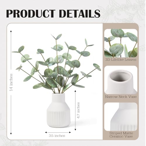 FIACO Artificial Eucalyptus Stems in Ceramic Vase, 14" Fake Plants for Home Decor, Coffee Table Centerpiece Bathroom Shelf Dining Table Farmhouse Faux Greenery Plants Indoor Decorations