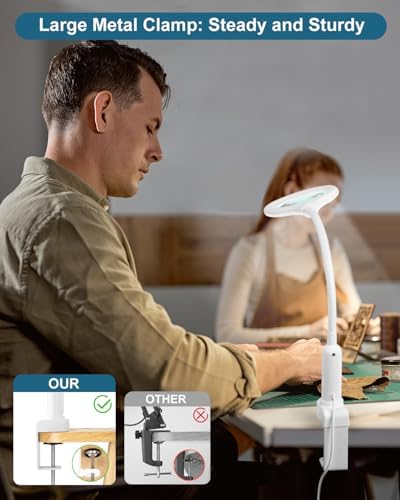12X Magnifying Glass with Light and Stand, Real Glass, LED 5 Color Modes, Brightness Stepless Dimming Lighted Magnifier Hands Free, Flexible Gooseneck Desk Lamp with Clamp for Close Work, Craft, White