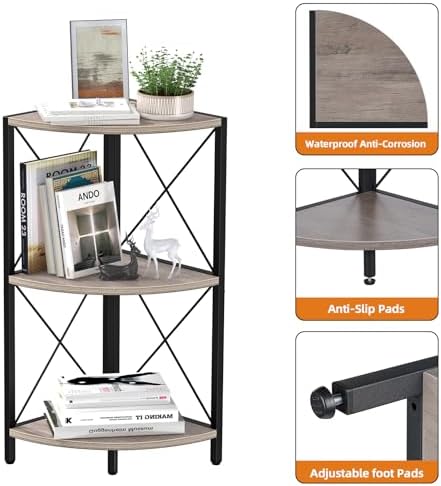 Snughome Corner Shelf for Desktop, 3-Tier Corner Storage Organizer with Metal Frame, Freestanding Corner Shelf Stand Display Rack for Kitchen Counter, Living Room, Grey
