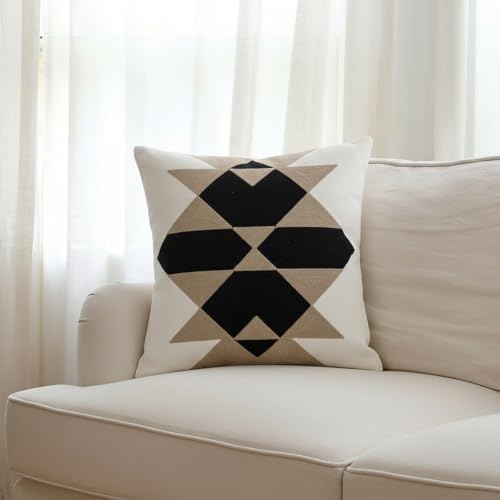 IKATYARN Black White Coffee Aztec Embroidery Throw Pillow Cover, Boho Tribal Geometric Pillowcase, Modern Farmhouse Brown Cushion Case for Couch Sofa Bed