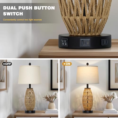 27" Rattan Table Lamps Set of 2, Boho Wicker Lamp with Night Light, Bedside Lamps for Bedroom with USB A+C Charging Port & AC Outlet, Farmhouse Coastal Woven Lamp for Nightstand Living Room