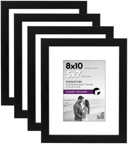 Americanflat 8x10 Picture Frame with Shatter-Resistant Glass - Set of 4 - Use as 5x7 Frame with Mat or Display 8x10 Photo Without Mat - Signature Collection - Photo Frames for Tabletop or Wall - Black