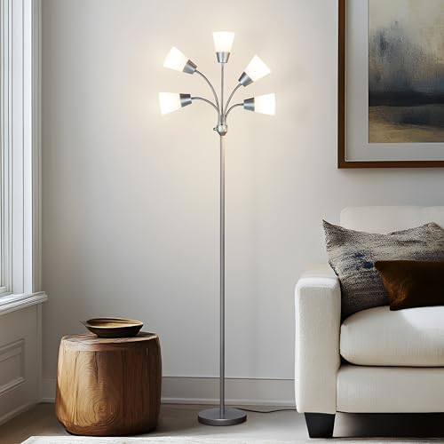 Brightech Medusa Modern LED Floor Lamp – Multi Head Floor Lamp for Living Rooms & Offices – Tall Lamp with Interchangeable Shade, Standing Lamp with 5 LED Bulbs for Hobbies - Silver