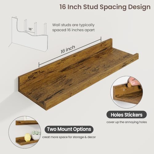 Axeman 20 Inch Floating Shelves, Brown Picture Ledge Shelf Set of 3