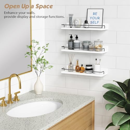 Forbena White Floating Shelves Bathroom Shelves Over Toilet Set of 3, Bathroom Organizers and Storage Shelves Wall Mounted, Modern Wood Corner Wall Shelf for Bedroom Closet -White and Dark Grey