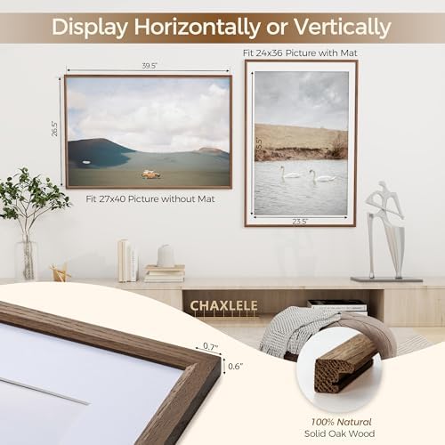 Fun Memories 27x40 Poster Frame, Solid Oak Wood Picture Frames, Modern Photo Frame for Wall 27x40 with 24x36 Mat, High Definition Plexiglass & Wall Hook Included (Walnut, 2 Pack)