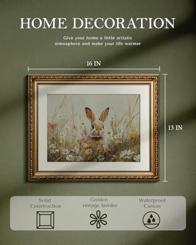 WHASAYART Vintage Gold Framed Wildflower Meadow Cute Rabbit Canvas Wall Art | Rustic Nature Oil Painting, Nursery Kids Room Cottagecore Farmhouse Animal Wall Decor, 13x16" Waterproof Canvas Painting