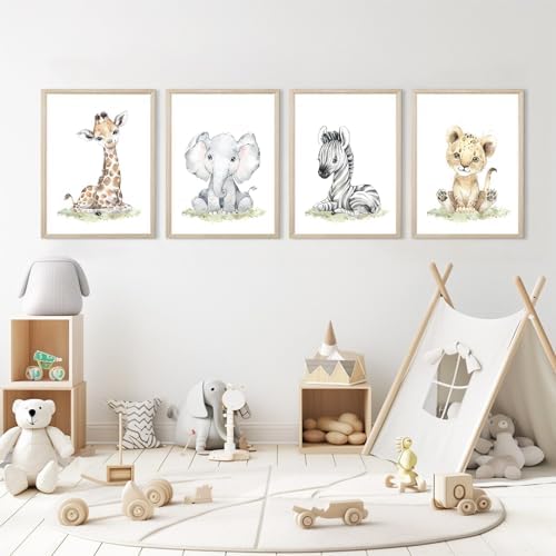 Safari Nursery Wall Art Decor Baby Animal Canvas Wall Art Woodland Nursery Wall Decor Kids Jungle Animal Pictures Safari Giraffe Elephant Tiger Prints for Room Bedroom Set of 4 12x16 Inch Unframed