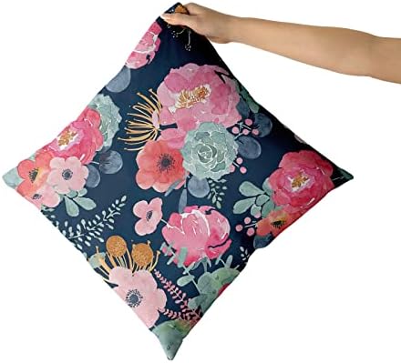 Watercolor Flower Throw Pillow Cover 22x22 Inch Pink Peony Floral with Green Leaf Decorative Pillow Cases Summer Navy Blue Cushion Cover for Home Bedroom Outdoor Garden Decor