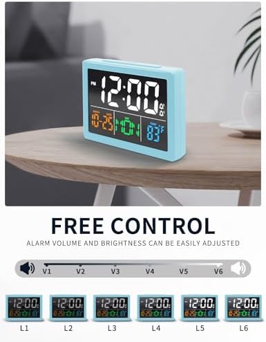 JALL Digital Clock with Date Day for Seniors, Electric Alarm Clocks for Bedrooms with Temperature, 2 Alarms, Dimmer, Dual USB Charger, Battery Backup, Volume Control, Snooze, Bedside Desk Clock, Blue
