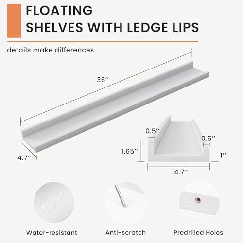 FLYJOE Picture Ledge Shelf for Wall, 36 inch Solid Ash Wood Nursery Book Shelves 2 Packs, Floating Shelves for Kids' Room Bedroom Bathroom Living Room Photo Frames Office Nursey Wall Decor, White