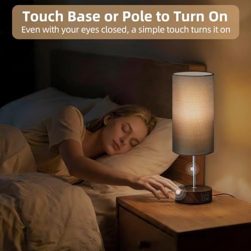 Table Lamp, Dimmable Touch, AC Outlet, USB A+C (Grey&Walnut)