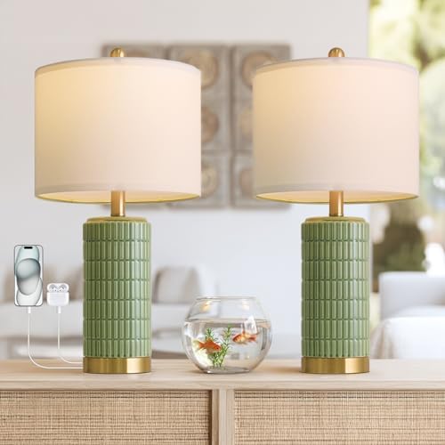 PoKat Bedside Table Lamps Set of 2 for Living Room with 2 USB Ports, 21.5'' Small Modern Nightstand Lamps for Bedroom, Ceramic Side Table Lamps with Gold Base for Office Entryway Decor Gift (Green)