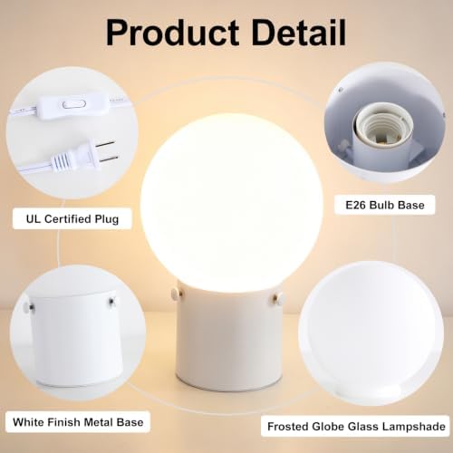Somniferous Modern White Table Lamp with Frosted Glass Globe Shade, E26 Base, Includes 7W LED Bulb, Small Bedside Desk Lamp for Bedroom, Living Room, Nightstand, Office