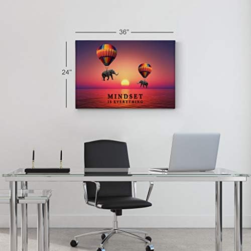 Smile Art Design Mindset is Everything Elephant with Balloon in Sunset Motivational Wall Art Canvas Print Inspirational Wall Art Entrepreneur Quote Office Living Room Decor Gift Ready to Hang 15x22