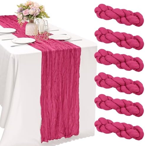 6 Pieces Hot Pink 10FT Cheesecloth Table Runner Boho Gauze Fabric Table Runner Rustic Sheer Runner for Wedding Birthday Baby Shower Party Boho Table Decoration（Hot Pink）
