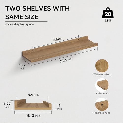 Boswillon Floating Shelves Set of 2, Long Wall Shelf with Lip, 24in, Oak