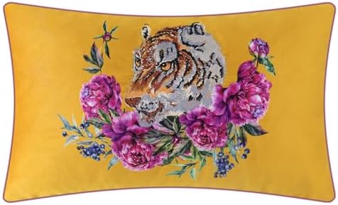 JWH Yellow Tiger Pillow Covers Decorative Flower Embroidered Throw Pillow Colorful Accent Pillow Case Velvet Cushion Luxury Pillowcase for Bed Couch Bedroom Office Decor 12x20 Inches