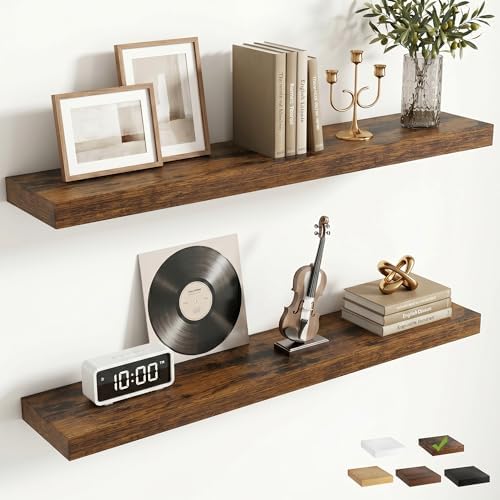 FLYJOE 36 Inch Floating Shelves for Wall Set of 2, 6.5" D Wood Grain Bathroom Shelves with Invisible Brackets, Easy Install Engineered Wood Storage Shelves for Kitchen, Living Room, Bedroom