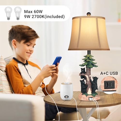 Hamucd Rustic Farmhouse Climbing Bear Table Lamps Set of 2 for Living Room with USB A+C,Bedroom Accent Tree Nightstand Lamps for Western Country Wood Cottage Christmas Decor(2 Bulbs Included)