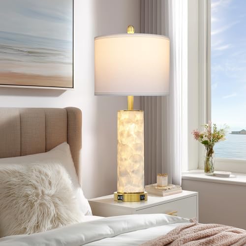 29" Coastal Seashell Table Lamp for Living Room Set of 2, Bedroom, Bedside Nightstand Lamp with Night Light, Seashell Lamp with USB A+C Ports Cottage Beach House Accent Lamp, LED Bulb Included(Gold)