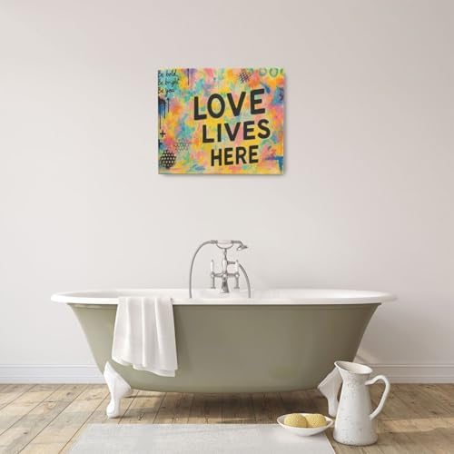 Crekviy Banksy Wall Art Street Graffti Wall Decor Romantic Love Canvas Prints Painting Love Lives Here Artwork Decorations for Bathroom Bedroom Living Room Framed Gifts 20"x24"