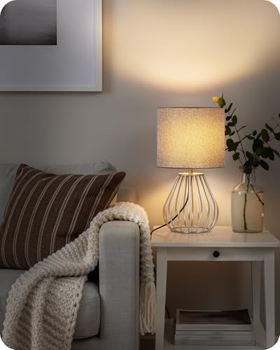 Small Table Lamp, Bedside Lamp with Gray Linen Lampshade & Silver Metal Base, Modern Nightstand Lamp, Little Cute Desk Lamp for Bedroom, Living Room, 2700K LED Bulb Included, SH06TL05