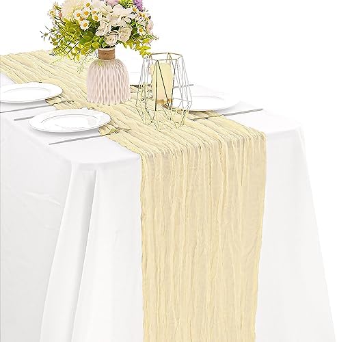 Beige 10FT Cheesecloth Table Runner Boho Gauze Fabric Table Runner Rustic Sheer Runner for Wedding Bridal Baby Shower Birthday Party Boho Table Decor（1 Pack Beige）
