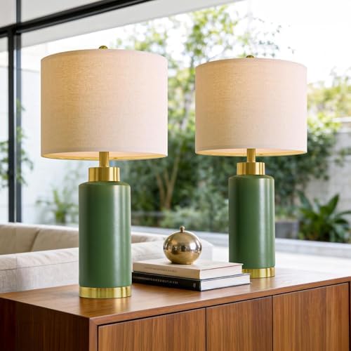 USumkky 25" Green Ceramic Table Lamp Set of 2, Modern Mid-Century Bedside Nightstand Lamps for Bedroom Living Room, Linen Shade & Gold Metal Base, Rotary Switch E26 (Bulbs Excluded)