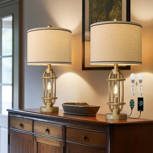 G-SAFAVA 23.75'' Table Lamps Set of 2 for Living Room Bedroom Industrial Farmhouse Metal Touch Lamps with USB A+C Ports, Night Light Vintage Nightstand Bedside Lamp, Bulbs Included, Champagne Gold