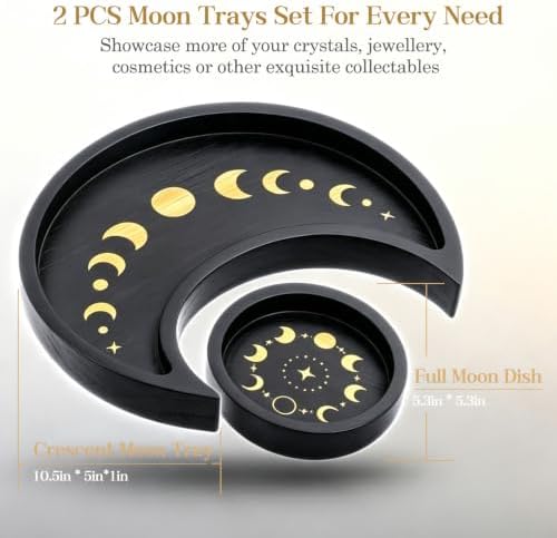Mooncraftlogy Crescent Moon Tray Crystal Holder Set, Wooden Tray for Stones