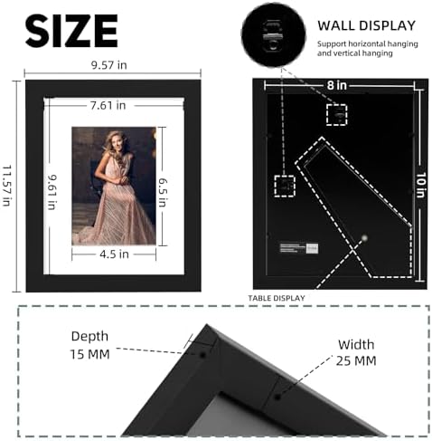 Muzilife Black 8x10 Wood Picture Frame with Mat, Real Glass Cover, 1 Pack