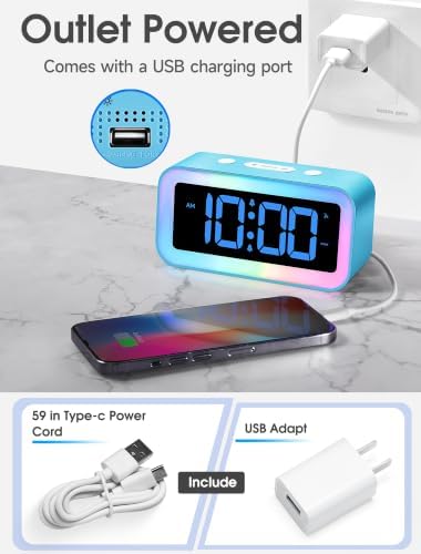 Cadmos Loud Alarm Clock for Bedrooms with Dynamic RGB Night Light,Heavy Sleepers Adults,Dual Alarm,Dimmer,USB Charger,Small Bedside Digital Clock with LED Display for Kids,Teens,Seniors (Blue)