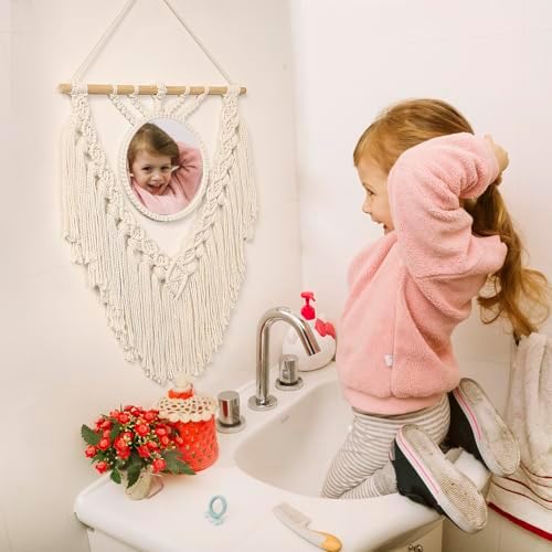 jontell Boho Round Wall Mirror Macrame Wall Hanging Circle Hanging Mirror for Over Sink Bedroom Living Room Apartment Entryway Girl Bedroom Decoration Vanity