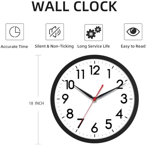 AKCISOT 18 Inch Wall Clock, Silent Battery Operated Analog Clock, Black | Large Size | Living Room | Kitchen | Classroom | Office | Easy to Read Numbers