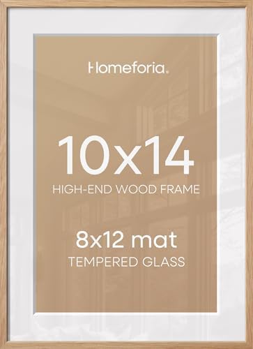 Homeforia 10x14 Natural Oak Picture Frame, High-End Wood, 8x12 Mat, Glass