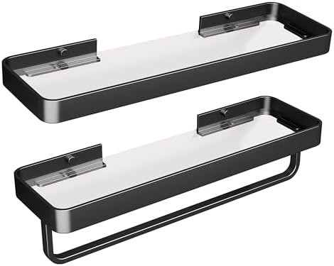 Danpoo 16-Inch Black Floating Bathroom Shelves with Towel Bar， Clear Tempered Glass Wall Shelf 2-Pack – Versatile Bathroom Organizer Set