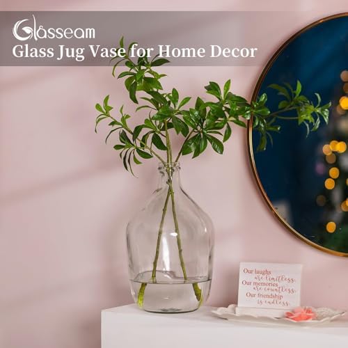 Glasseam Large Demijohn Clear Glass Vase for Pampas Grass, 15 Inch Tall | Oversized Big Jug Vase for Eucalyptus Branches, Greenery, Flowers, Farmhouse Decor, Living Room Home Decorations