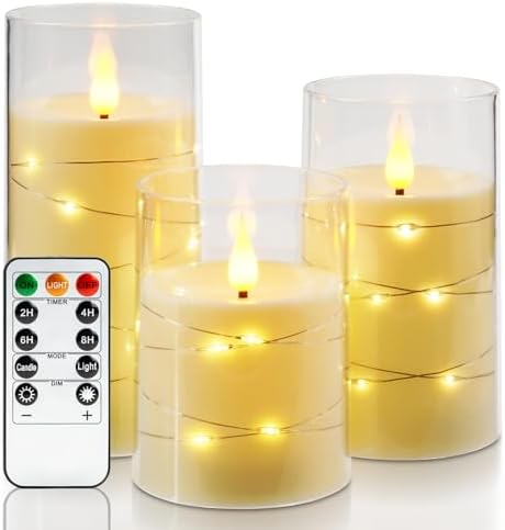 Amagic LED Flameless Candles, Battery Operated Candles with Embedded Fairy Lights, Acrylic Fake Candles with Remote and Timer for Wedding Home Decor, Ivory White, Set of 3, D3 x H4 5" 6"