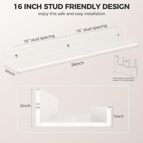 HBlife 36 Inches Invisible Wall Floating Bookshelf for Kids and Nursery, 16 Inch Stud Spacing Clear Acrylic Shelves for Figures, 3 Pack (5MM Thick)